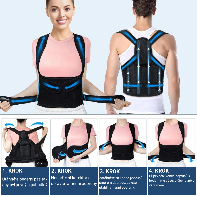 Korektor držení těla a zádová ortéza pro ženy i muže, rovnač ramen, nastavitelná podpora celých zad, horní i dolní části zad.